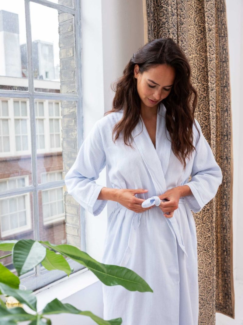 Female Dressing Gown - Blue Stripes - The Cotton Cashmere Collection  , made of soft cotton for 