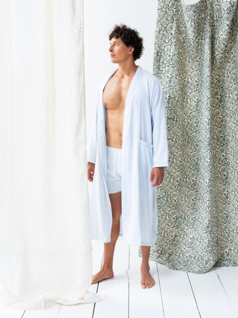 Male Robe de chambre - Rayures bleues - La Collection Coton Cachemire  , en coton doux pour 