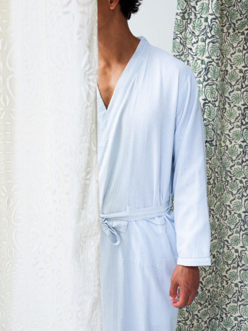 Male Dressing Gown - Blue Stripes - The Cotton Cashmere Collection  , made of soft cotton for 