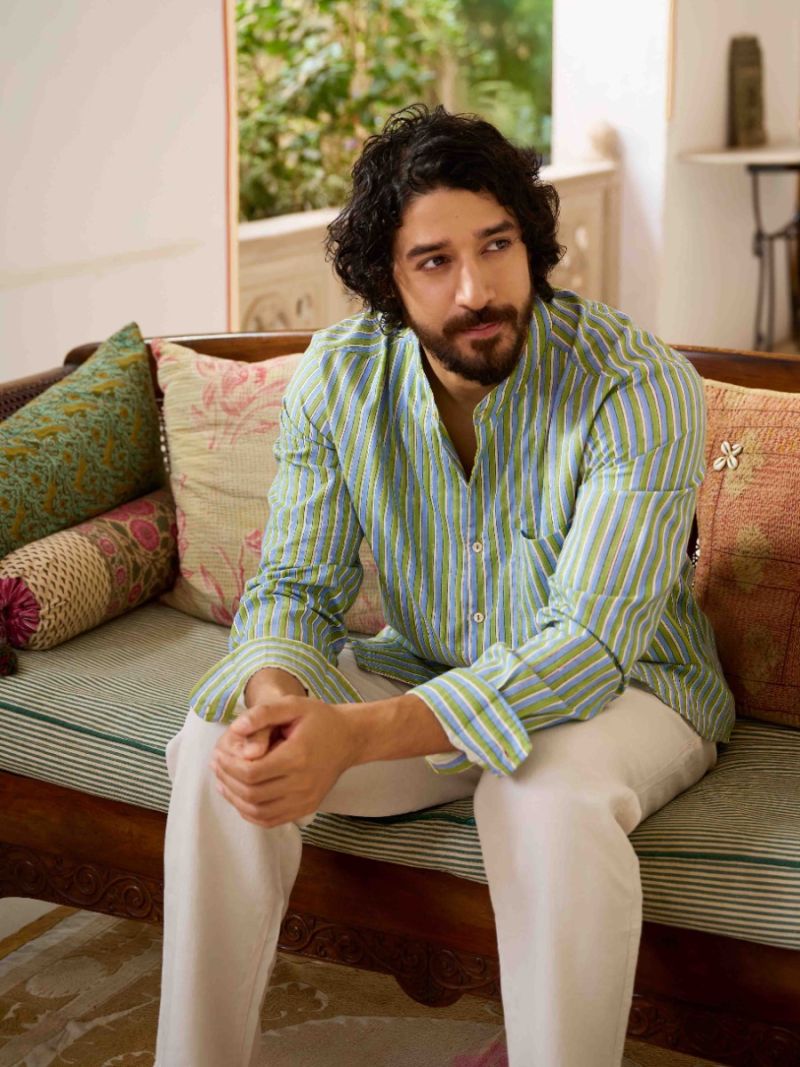 Male Shirt Long Sleeve Mandarin Collar - Block Print Collection  , made of soft cotton for 